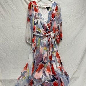 DKNY Long Sleeve Floral Wrap Dress in White, Red, Lavender